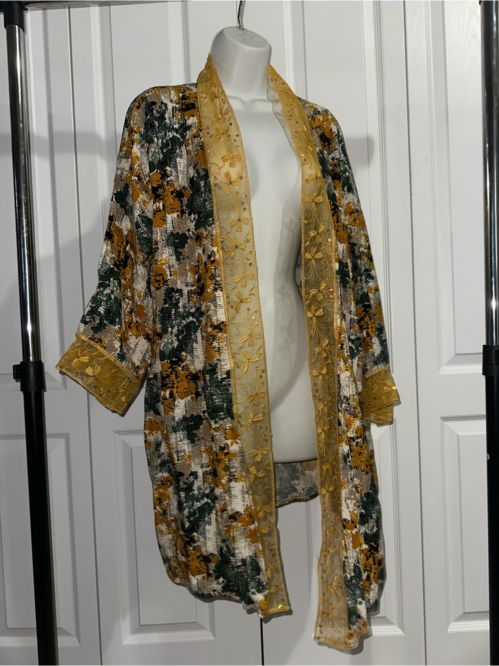 Floral Embroidered Kimono Robe in Mustard & Green